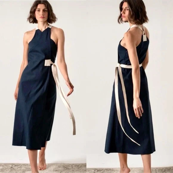 NWT! 🇵🇹 Linen LUXMII Zulu Midi Wrap Dress in Navy Luxury Made in Portugal - Picture 1 of 12